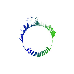 The Maiden's Tower (Kiz Kulesi), Galata Tower, Bridges, ferry, mosques, sea gulls and skyscrapers. Istanbul, Turkey city logo design. Vector drawn illustration