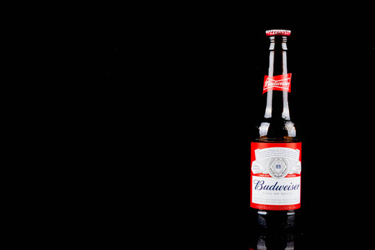 Sandhurst, United Kingdom; February 16th 2021:- An open bottle of Budweiser with a bottle top on the lip, isolated on a black background