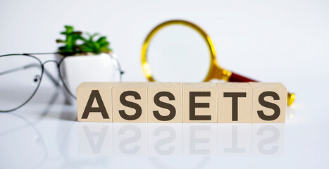 wooden word block ASSETS on white background with glasses and magnifier