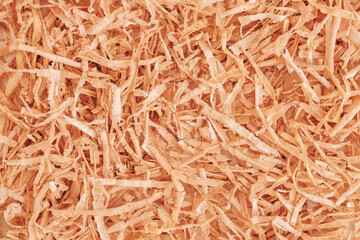 Wood shavings as background texture. Top view. Copy, empty space for text