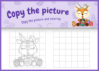 copy the picture kids game and coloring page themed easter with a cute deer using bunny ears headbands hugging eggs