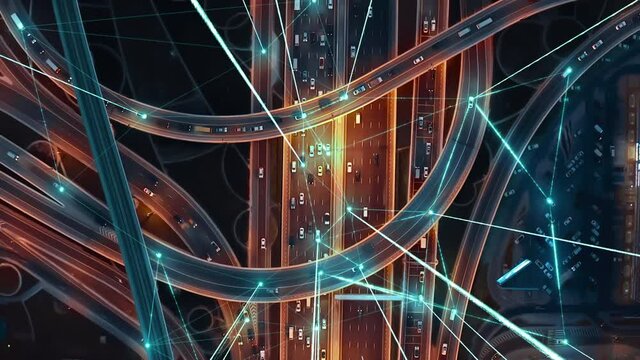 Internet Of Vehicles Autonomous Driving Systems Connected Cars Communicating Via Artificial Intelligence With Satellite Beams Information Signals Digital Highway Connection 5G Smart City Traffic Road