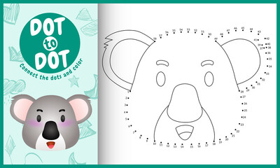 Connect the dots kids game and coloring page with a cute face koala character illustration