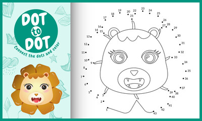 Connect the dots kids game and coloring page with a cute face lion character illustration