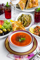Soup is important element for Ramadan table.Traditional Turkish Ramadan meal with Turkish Foods,vertical image