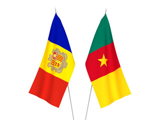 National fabric flags of Andorra and Cameroon isolated on white background. 3d rendering illustration.