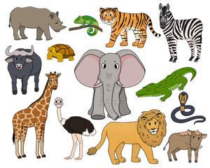 Obraz premium Set of vector cartoon isolated outline Savannah animals. Tiger, lion, rhinoceros, common warthog, African buffalo, tortoise, chameleon, zebra, ostrich, elephant, giraffe, crocodile, cobra