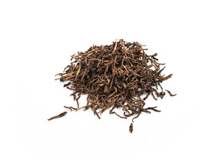 heap of natural leafy tea on white background, template or source