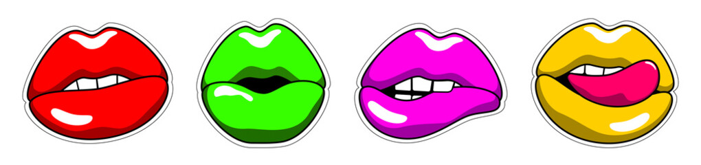 Sexy Lips, Comic Style Stickers. Set, Vector Lips Bright Colors, Lips with Tongue