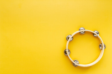 Percussion instrument tambourine, top view. Music background