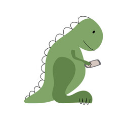 Green Vector Dino with smartphone. Cute Cartoon Hand Drawn Dinosaur Doodles scandinavian kid Illustration. For greeting card, t shirt baby, banner or poster