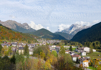 Fototapeta na wymiar Falcade in Val Biois, Civetta and Monte Pelmo in the background. Italy.