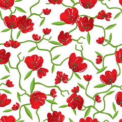 Red flowers seamless pattern. Red poppies on white background. Can be uset for textile, wallpapers, prints and web design. Vector illustration