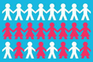 Rows of white and red paper people holding hands on a blue background - Vector illustration