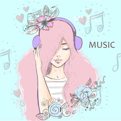 Beautiful deep in thought girl with long pink hair listening to music on headphones with notes background