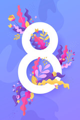 International Womens Day. March 8 banner with floral decor. Cut paper with a pattern of spring plants, leaves and flowers. Template for a poster, cards, banner Vector illustration