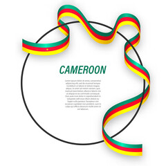 Waving ribbon flag of Cameroon on circle frame. Template for independence day poster