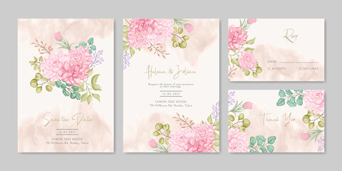 Fototapeta na wymiar Wedding invitation card template with beautiful floral bouquet set bundle