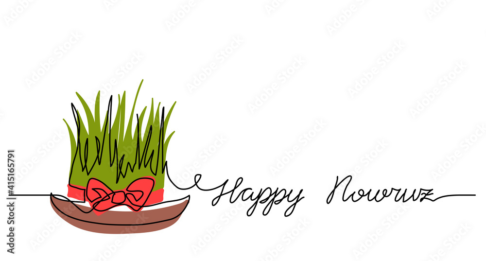 Wall mural Happy Nowruz simple background, poster, banner with green wheat grass and red ribbon. One continuous line drawing, single lineart. Persian New Year greating, lettering Happy Nowruz