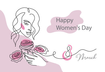 Womens Day card with face line art and roses. March 8 holiday invitation banner, one continuous line drawing portrait. Surreal face, vector illustration