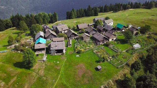 Aerial view of remote mountain village in Swiss Ticino