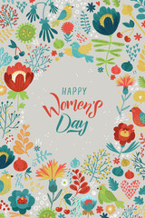 Happy Womans Day Calligraphy Design on Floral Background. Vector illustration. Womans Day Greeting Calligraphy Design in Bright Colors. Template for a poster, cards, banner Vector illustration