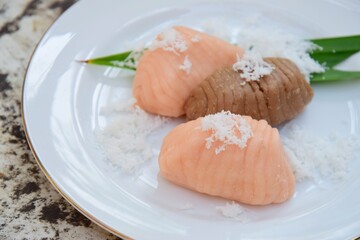 Getuk Lindri. Javanese sweet snack made of mashed cassava, rolled and eaten with grated coconut.
