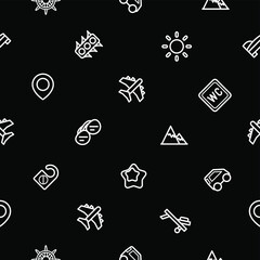 Seamless Pattern Abstract Doodle Elements Hand Drawn Collection Travel Tourism Sketch Vector Design Style Background Summer Sun Compass Camera Plane Glasses Ticket Illustration Icons