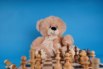 Close up of teddy bear with chess pieces on chessboard. Soft plush toy playing chess on blue background.