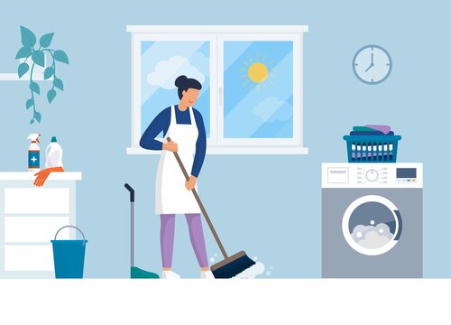Woman cleaning up her house