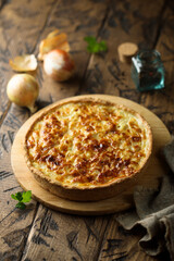 Traditional homemade onion pie or quiche
