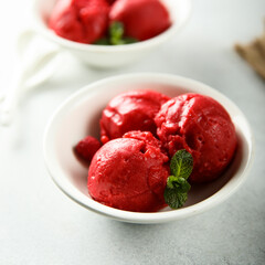 Delicious homemade raspberry sorbet or ice cream - obrazy, fototapety, plakaty