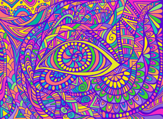 Hippie style rainbow psychedelic shamanic Eye in neon colors, and bizarre ornaments fantastic background.