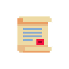 Pixel paper scroll icon. Sticker design. Old school computer graphic style. Pixel art 8-bit. Isolated vector illustration.
