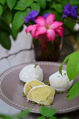 Mochi with mung bean paste filling. Selective focus