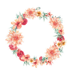 Watercolor vintage frame with dahlia and ranunculus flowers. Hand painted floral background with floral elements. Garden style wreath