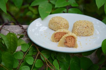 Japanese dessert Daifuku sesame Mochi with peanut filling