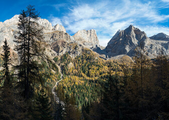 Marmolada from Val Contrin in the Fassa Valley, left Gran Vernel, right Ombreta. Marmolada mountain range in the Dolomites of Trentino. Dolomites are part of the UNESCO World Heritage Site.