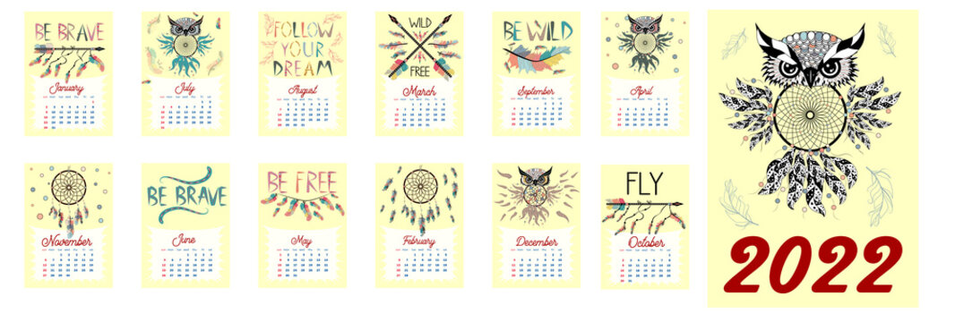 Colorful cute monthly boho calendar 2022 with dream catchers, boho owls, arrows, feathers, inspirational inscriptions