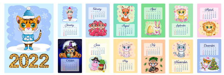 Calendar 2022 with cute cardboard animals for every month. Tiger, snow leopard, red panda, cat, hippo, owl, lion, hare, fox, hamster, cow.