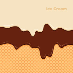 Vanilla and chocolate cream melted on waffle background. Sweet ice cream background. Vector illustration