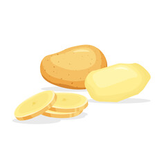 Peeled whole and piece of potatoes isolated on white background. Vegan food vector vegetable icons in a trendy cartoon style. Healthy food concept.	