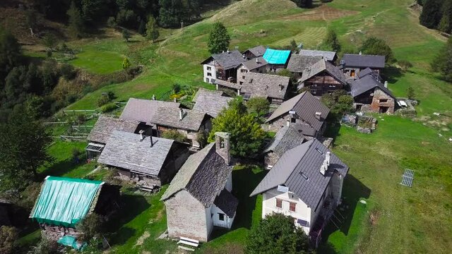 Aerial view of remote mountain village in Swiss Ticino
