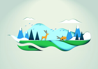 Fototapeta na wymiar Deer in forest silhouettes vector illustration