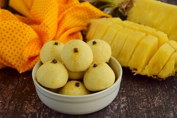 Fototapeta na wymiar Homemade Indonesian pineapple tart cookies or Nastar served to celebrate Idul Fitri or Eid al Fitr.