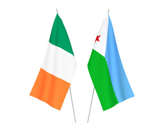 National fabric flags of Ireland and Republic of Djibouti isolated on white background. 3d rendering illustration.