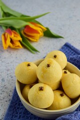 Homemade Indonesian pineapple tart cookies or Nastar served to celebrate Idul Fitri or Eid al Fitr.