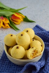 Homemade Indonesian pineapple tart cookies or Nastar served to celebrate Idul Fitri or Eid al Fitr.