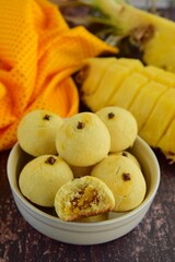 Homemade Indonesian pineapple tart cookies or Nastar served to celebrate Idul Fitri or Eid al Fitr. Selective focus
