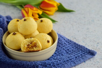 Homemade Indonesian pineapple tart cookies or Nastar served to celebrate Idul Fitri or Eid al Fitr.